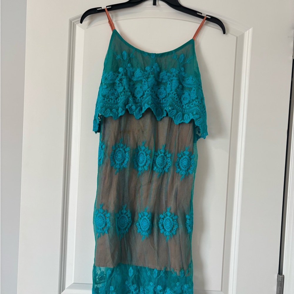 Teal Lace Overlay Midi Dress